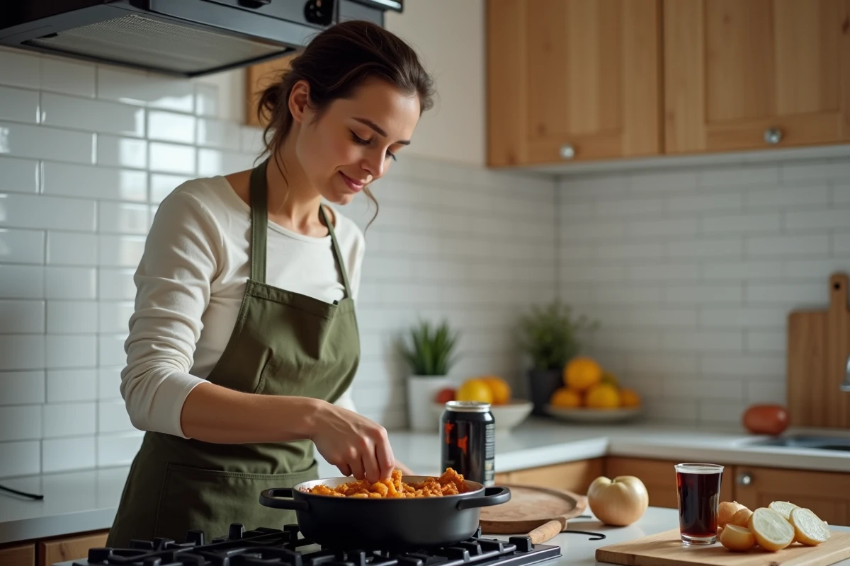 Femme cuisinant une carbonnade flamande dans une cuisine moderne, remuant la cocotte avec une cuillère en bois, une bière brune posée sur le plan de travail