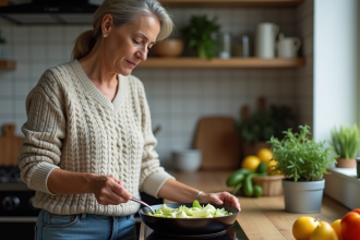 Femme en cuisine cuisinant des endives dans une poele