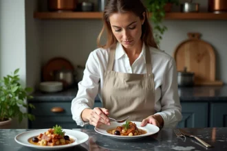 Femme élégante préparant un plat de rognon de veau au porto