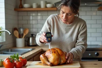 Cuisiniere femme vérifiant la température du poulet rôti