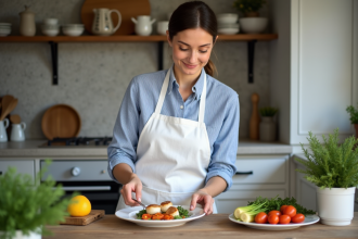 Femme souriante en cuisine préparant coquilles Saint-Jacques