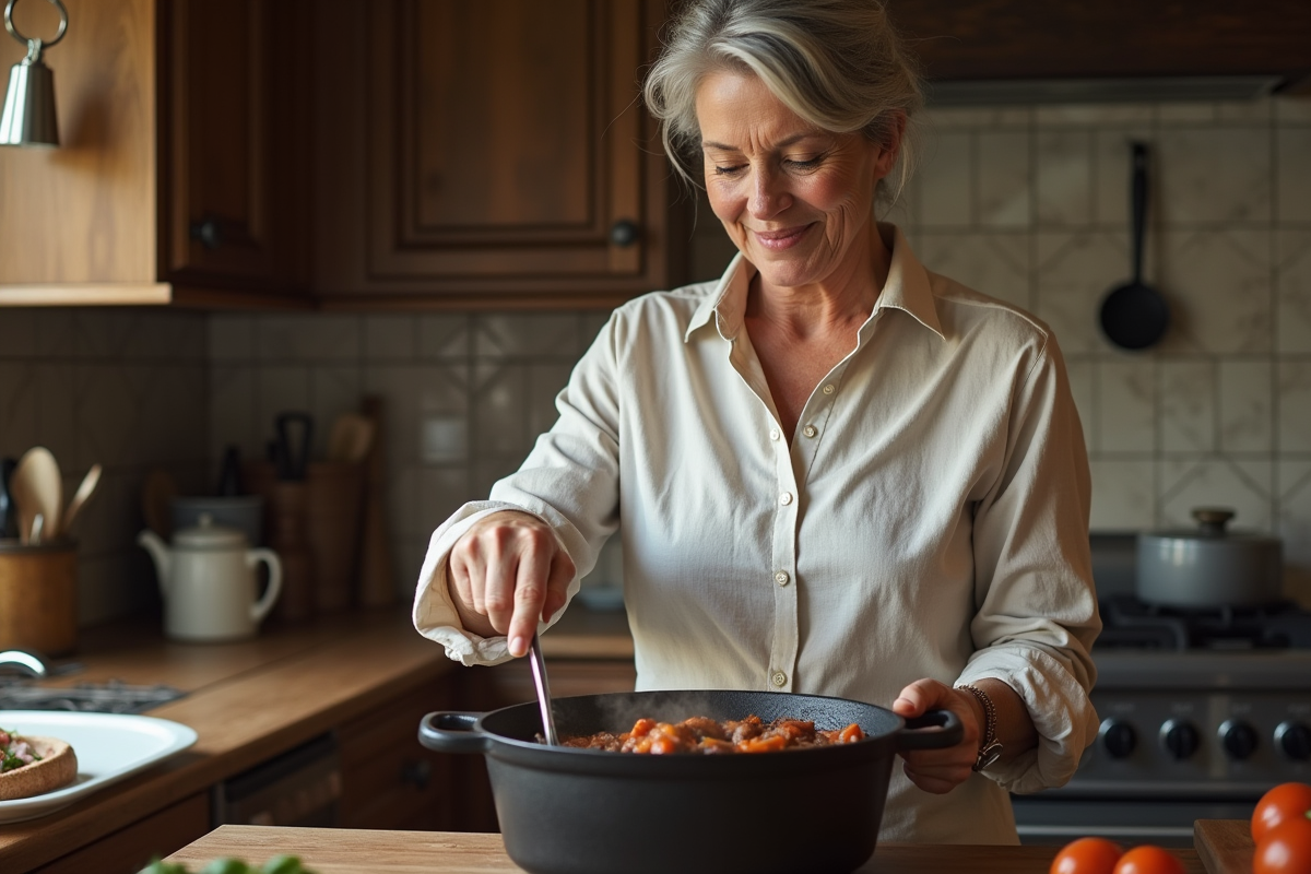 Femme d'âge moyen remuant un bourguignon dans une cocotte en fonte
