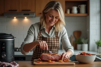 Femme en tablier vérifiant un rôti de porc dans la cuisine