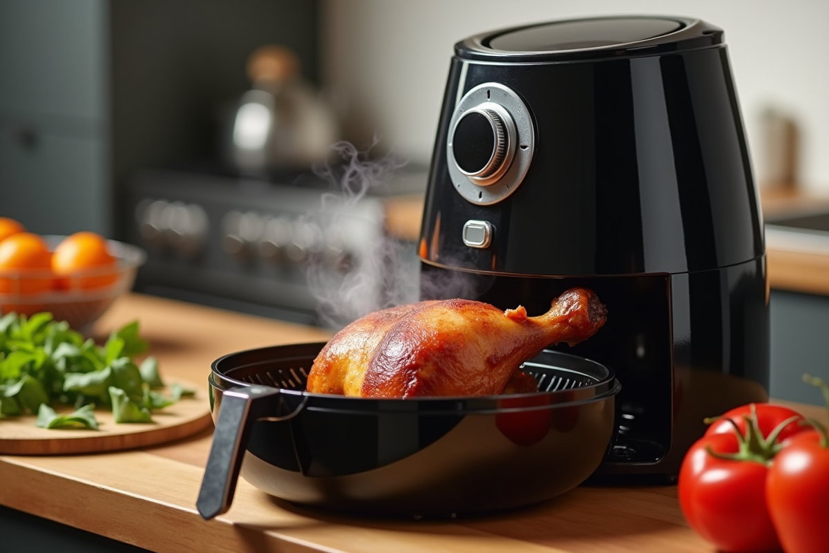 Cuisse de canard cuite dans une friteuse à air avec ingrédients frais