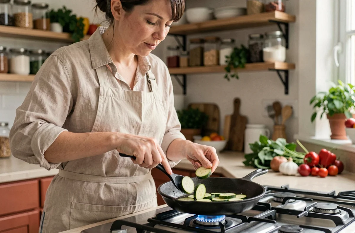 Femme faisant sauter des courgettes en rondelles dans une poêle en fonte sur un réchaud à gaz dans une cuisine moderne