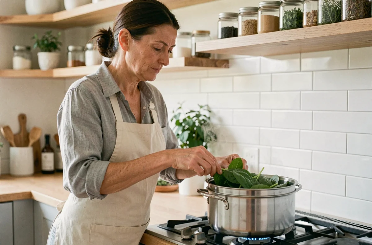 Femme cuisinant des épinards frais à la vapeur dans un cuiseur vapeur sur une gazinière de cuisine moderne