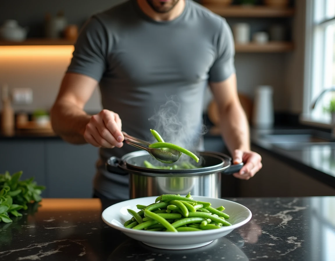 Homme servant des haricots verts cuits à la cocotte minute dans un plat blanc dans une cuisine moderne