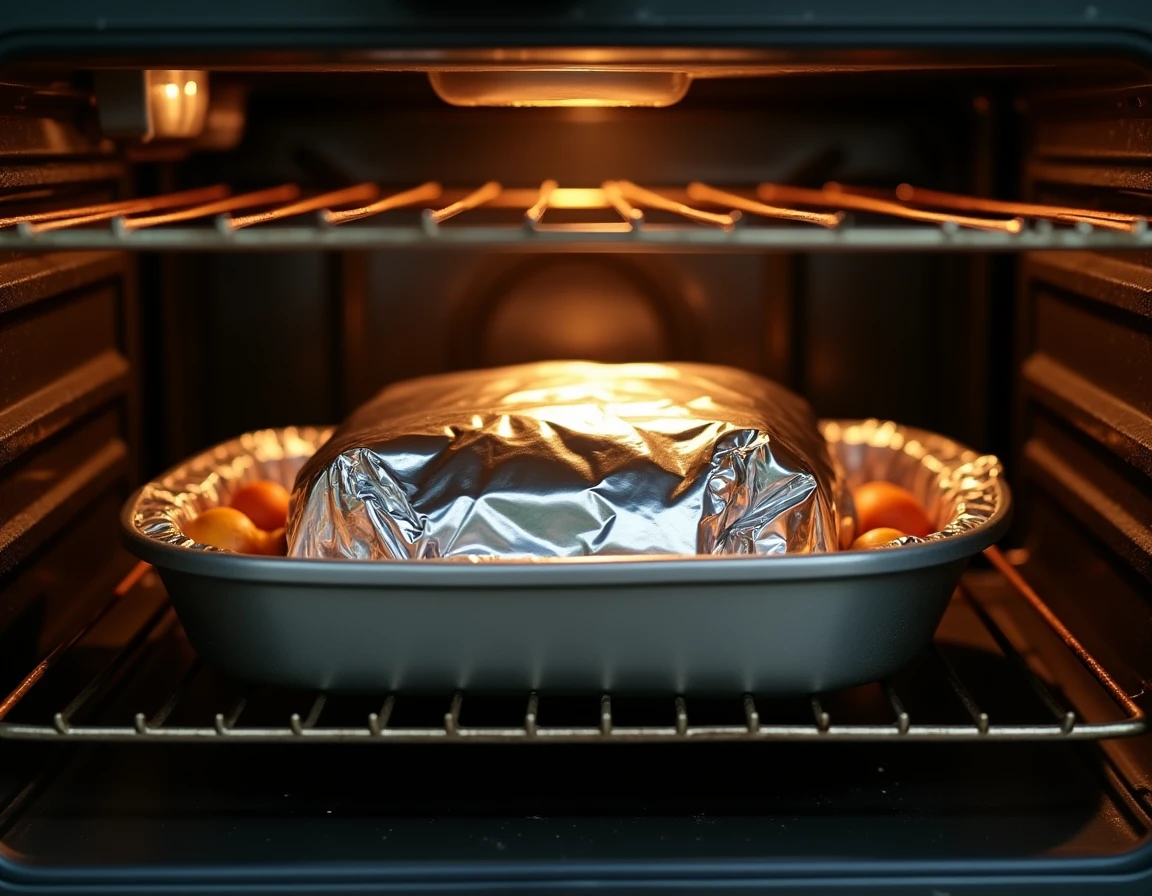 Papillote en aluminium contenant un rôti Orloff en train de cuire dans un four domestique légèrement ouvert avec des légumes