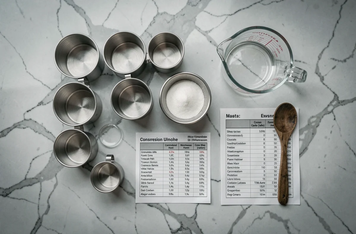 Vue de dessus d'un ensemble de cups américaines en inox et d'une balance sur un plan de travail en marbre avec tableau de conversion