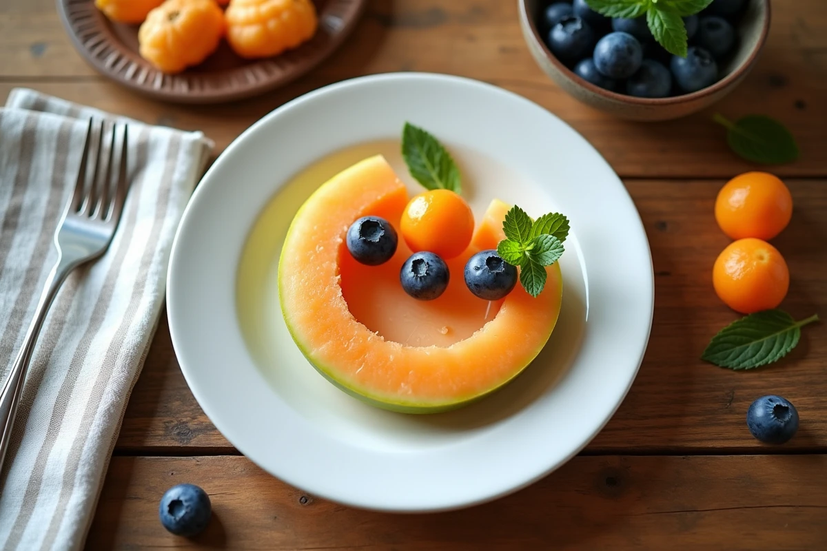 Assiette de dessert rigolo au melon avec smiley en fruits pour enfants