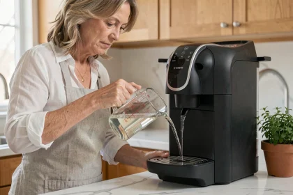Femme versant du vinaigre blanc dans le réservoir d'une machine Tassimo Bosch pour la détartrer sans pastille