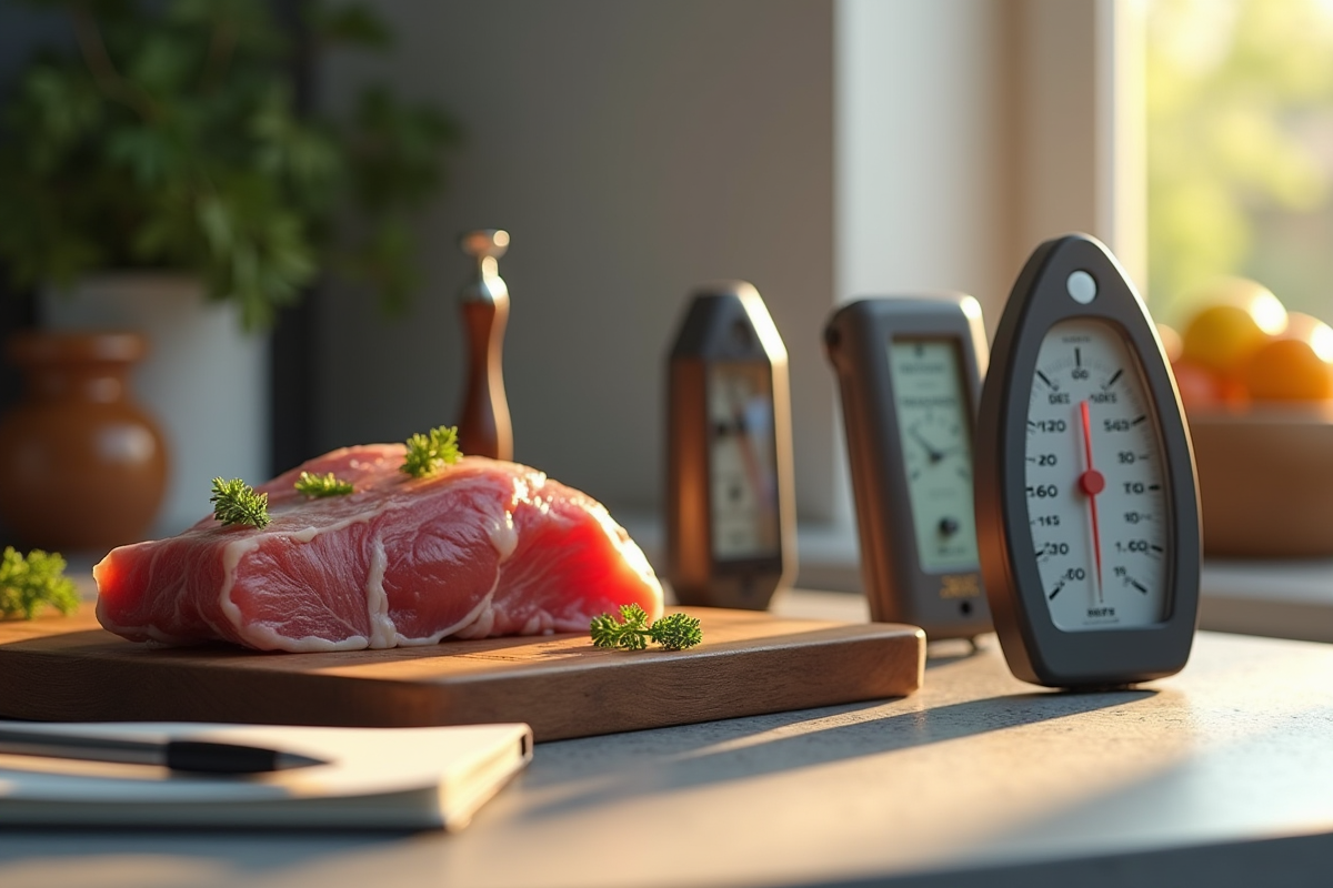 Plusieurs thermomètres de cuisine sur un plan de travail lumineux