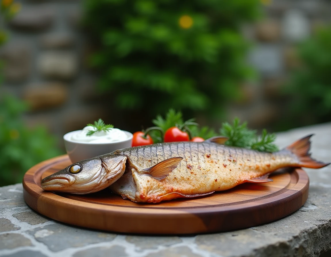 Dorade entière grillée au barbecue servie sur planche en bois avec tzatziki aux herbes et tomates cerises dans un jardin