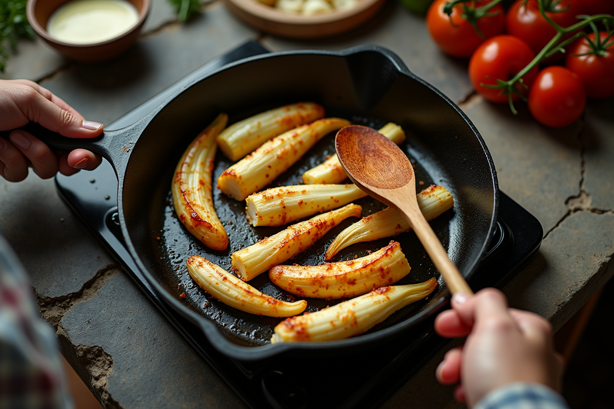 Gros plan sur endives caramélisées dans une poêle noire
