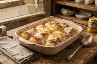 Plat d'endives au jambon béchamel gratinées dans un plat en céramique rustique posé sur une table en bois de cuisine traditionnelle française