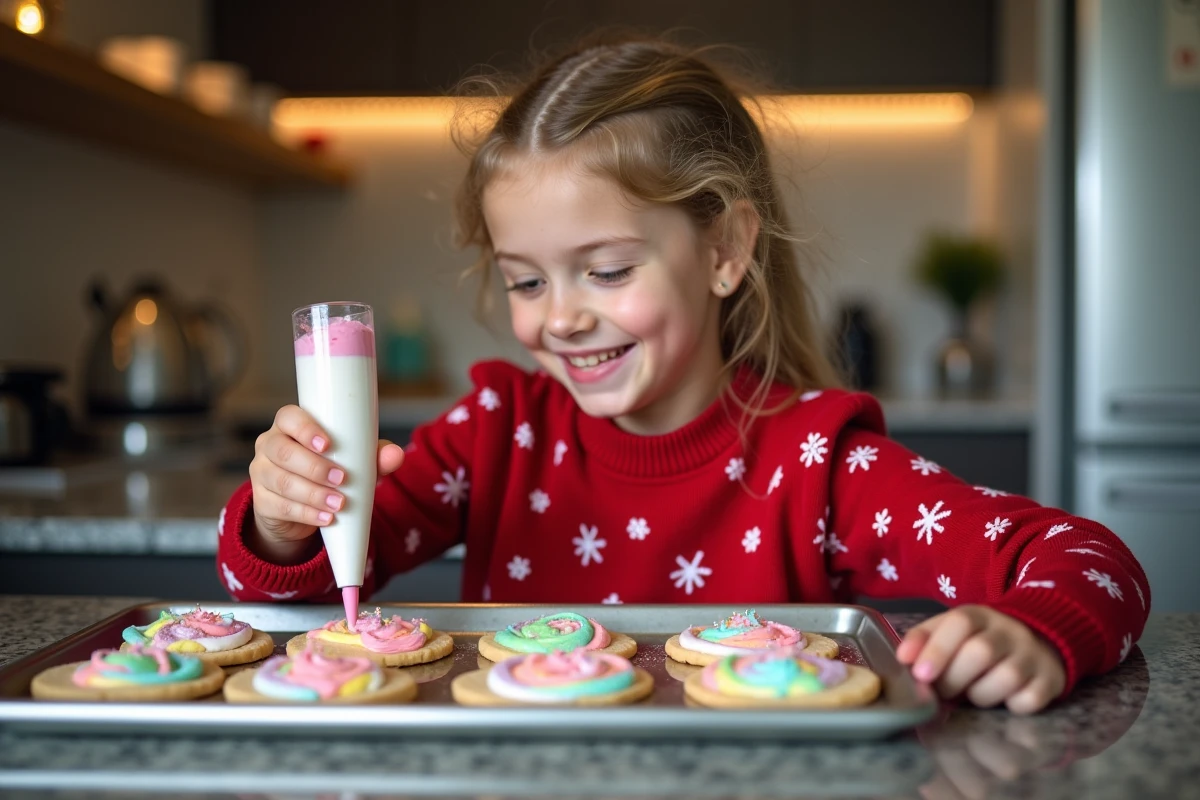 Jeune fille décorant des biscuits de Noël en cuisine