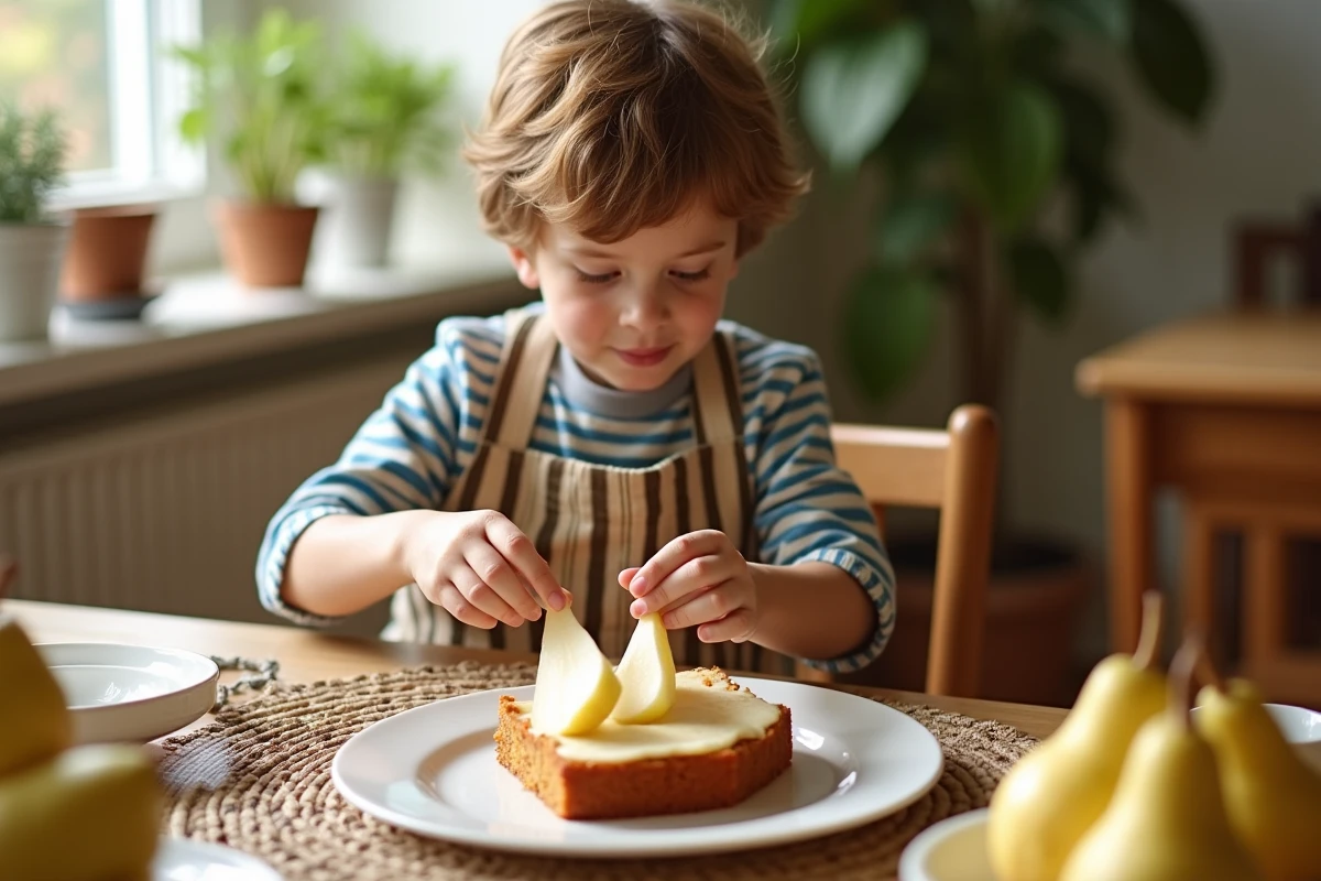 Jeune garçon décorant une part de gâteau au yaourt et poire