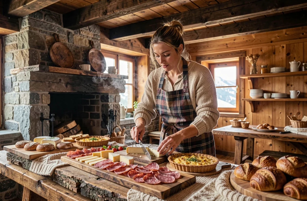 Buffet de montagne de L'Épicurie des Alpes à Châtel avec raclette, charcuterie et spécialités savoyardes dans un chalet rustique