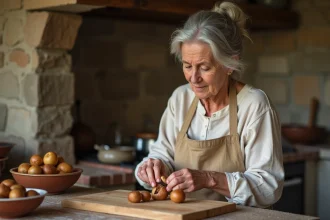 Femme épluchant une châtaigne crue avec un couteau sur une planche en bois dans une cuisine rustique