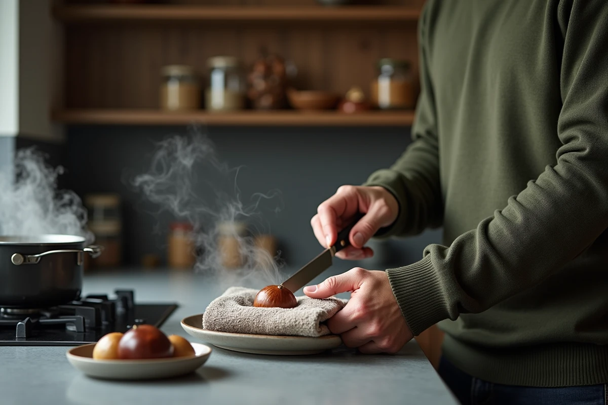 Homme épluchant une châtaigne cuite encore fumante avec un couteau dans une cuisine moderne