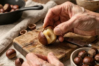 Mains épluchant une châtaigne rôtie dont la seconde peau résiste, avec couteau et planche en bois rustique