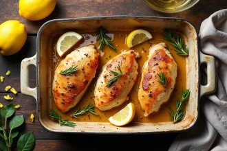Escalopes de poulet marinées au citron dorées au four dans un plat en céramique rustique avec tranches de citron et thym frais