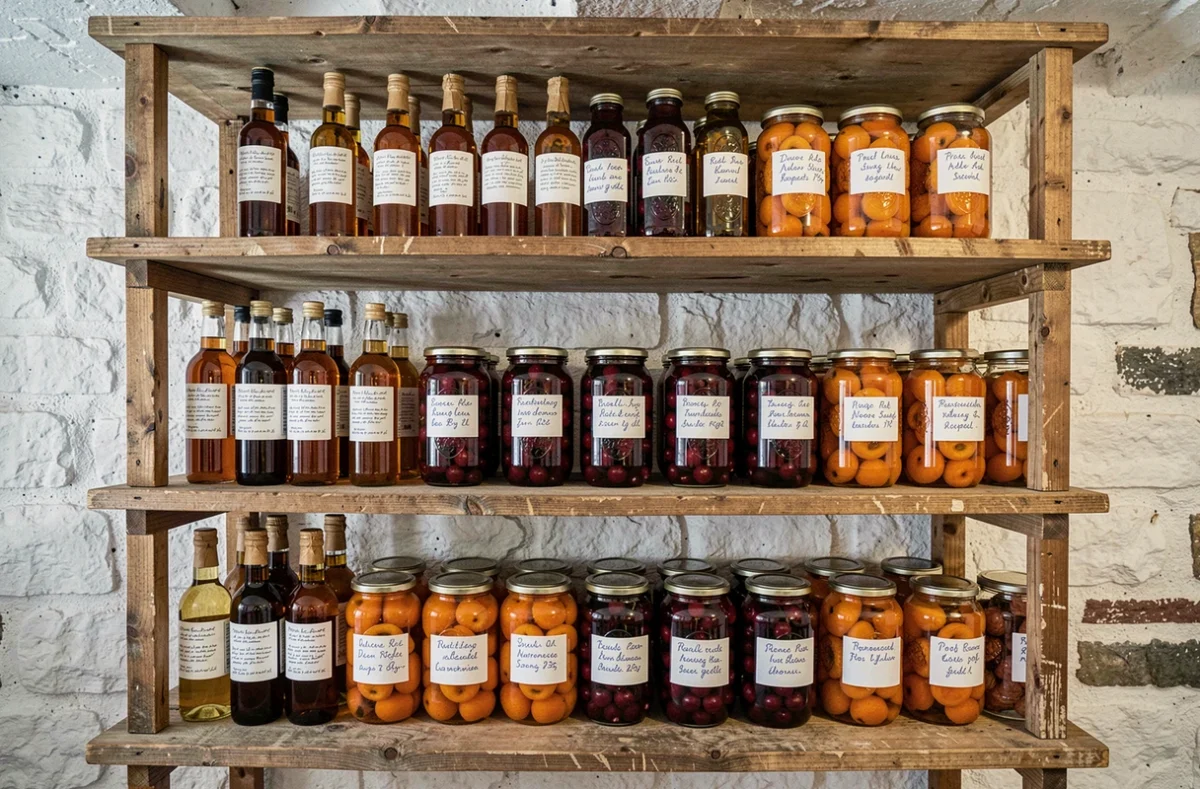 Étagère de cellier avec des bouteilles d'alcool à fruits et des bocaux de conserves maison