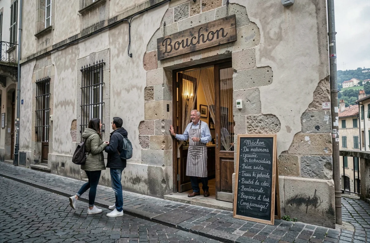 Façade extérieure d'un bouchon lyonnais authentique dans le Vieux-Lyon avec enseigne en bois, menu ardoise et patron accueillant des clients sur pavés