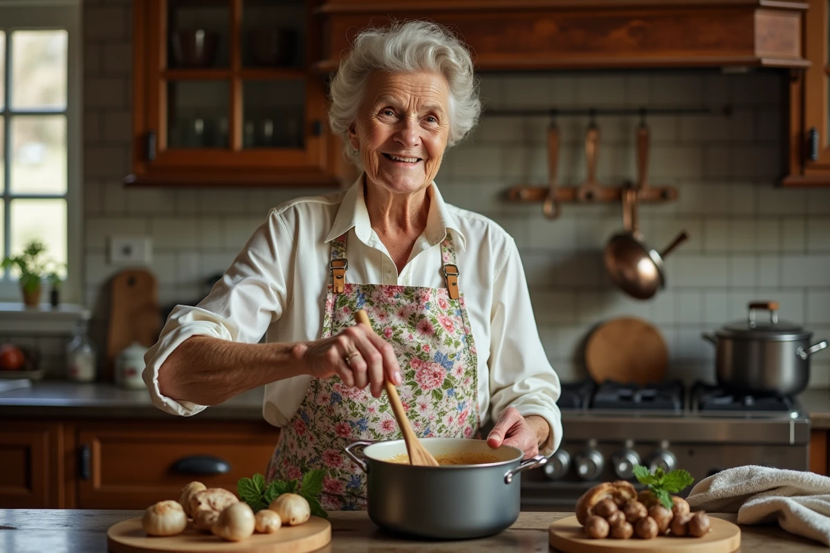 Femme âgée en tablier floral préparant une sauce aux champignons