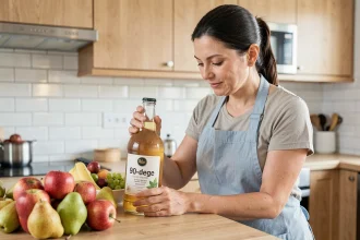 Femme examinant une bouteille d'alcool 90 pour fruits sur un comptoir de cuisine avec des fruits frais