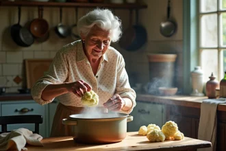 Femme âgée préparant du chou-fleur dans une cuisine rustique
