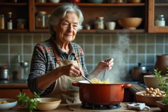 Femme âgée préparant une soupe vermicelli dans une cuisine rustique