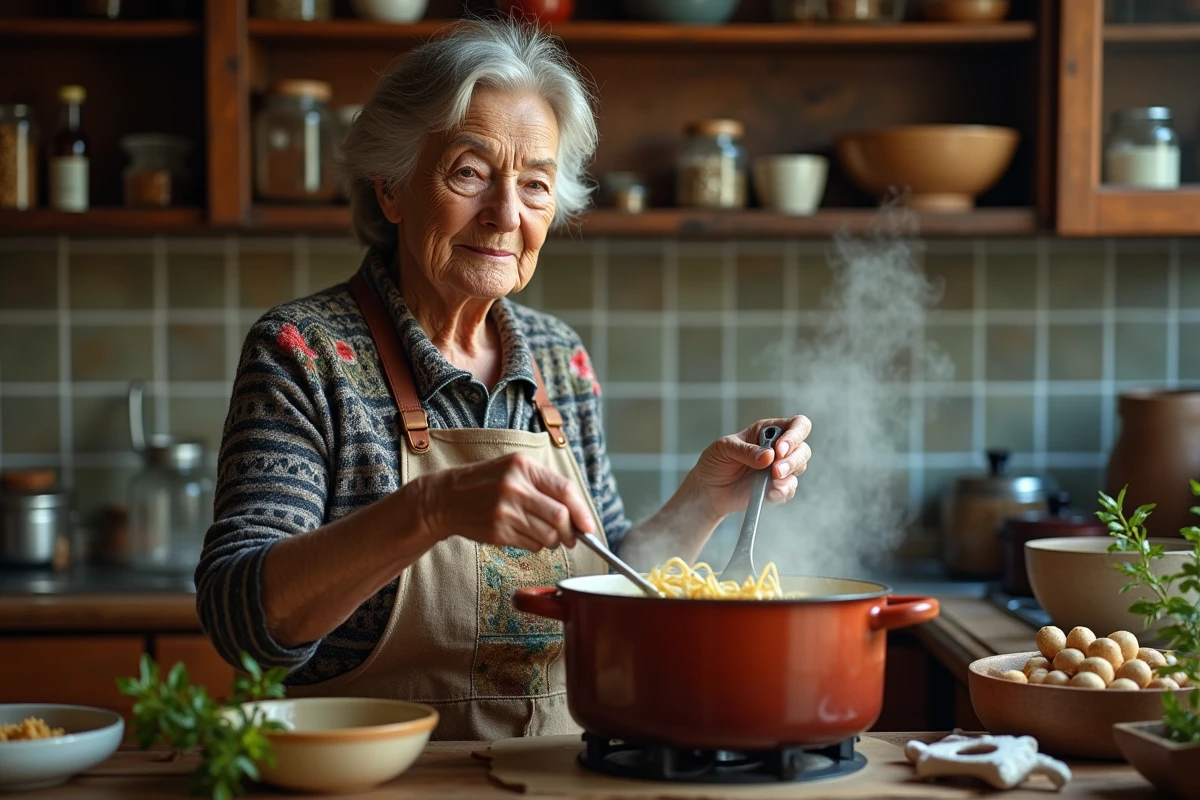 Femme âgée préparant une soupe vermicelli dans une cuisine rustique