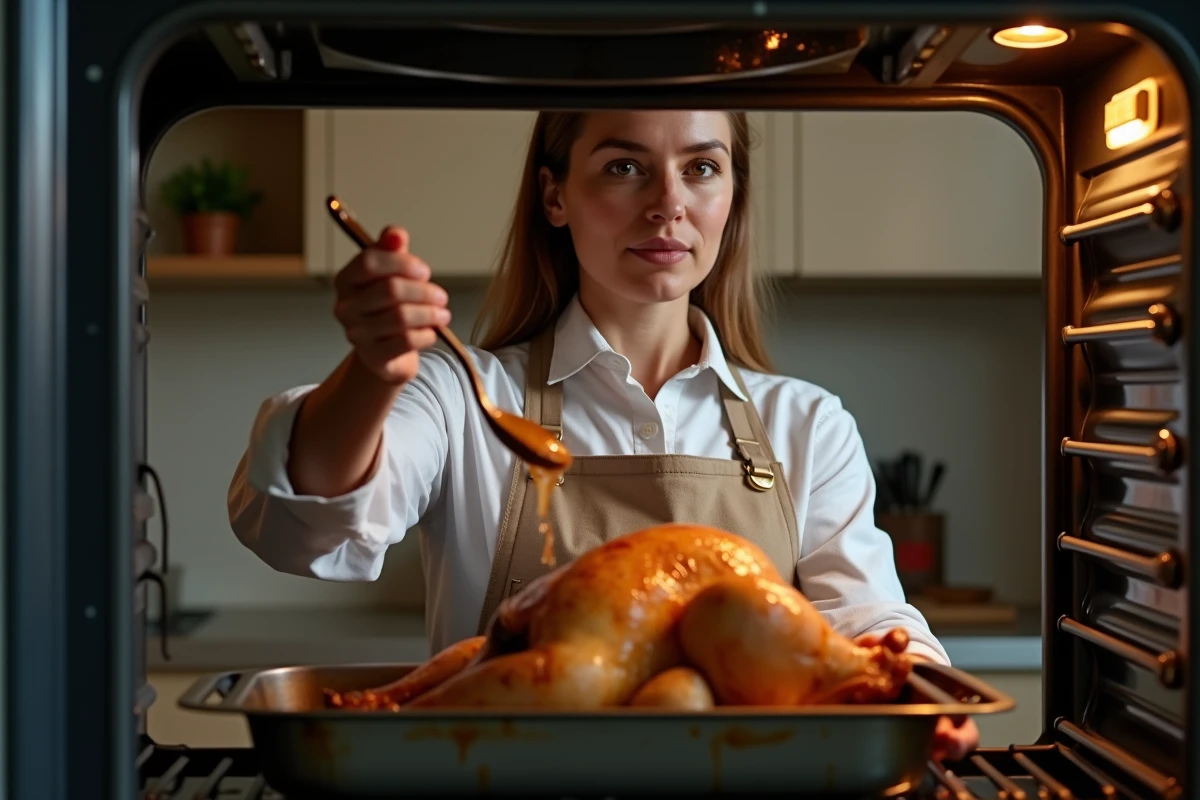 Femme en tablier de lin arrosant un poulet rôti dans un four domestique, geste authentique de cuisine maison