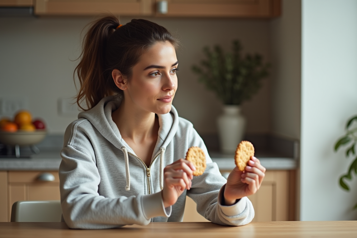 Femme comparant deux biscuits dans la cuisine moderne