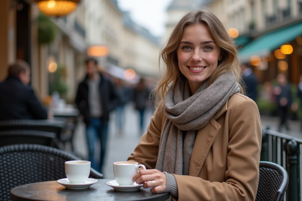 Jeune femme souriante buvant un café à Paris