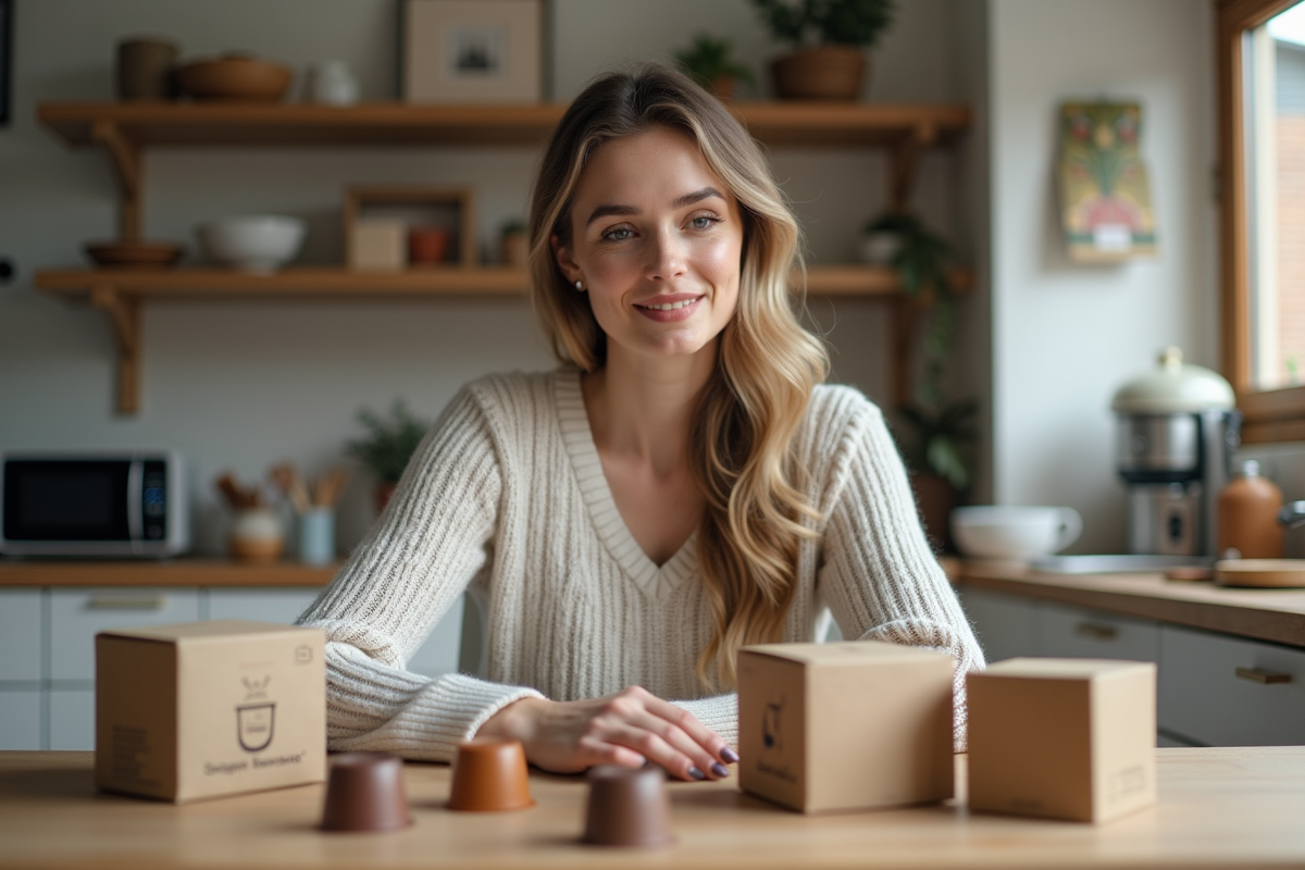 Femme examinant des capsules de café dans une cuisine lumineuse