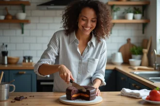 Femme souriante coupant un gâteau au chocolat fondant