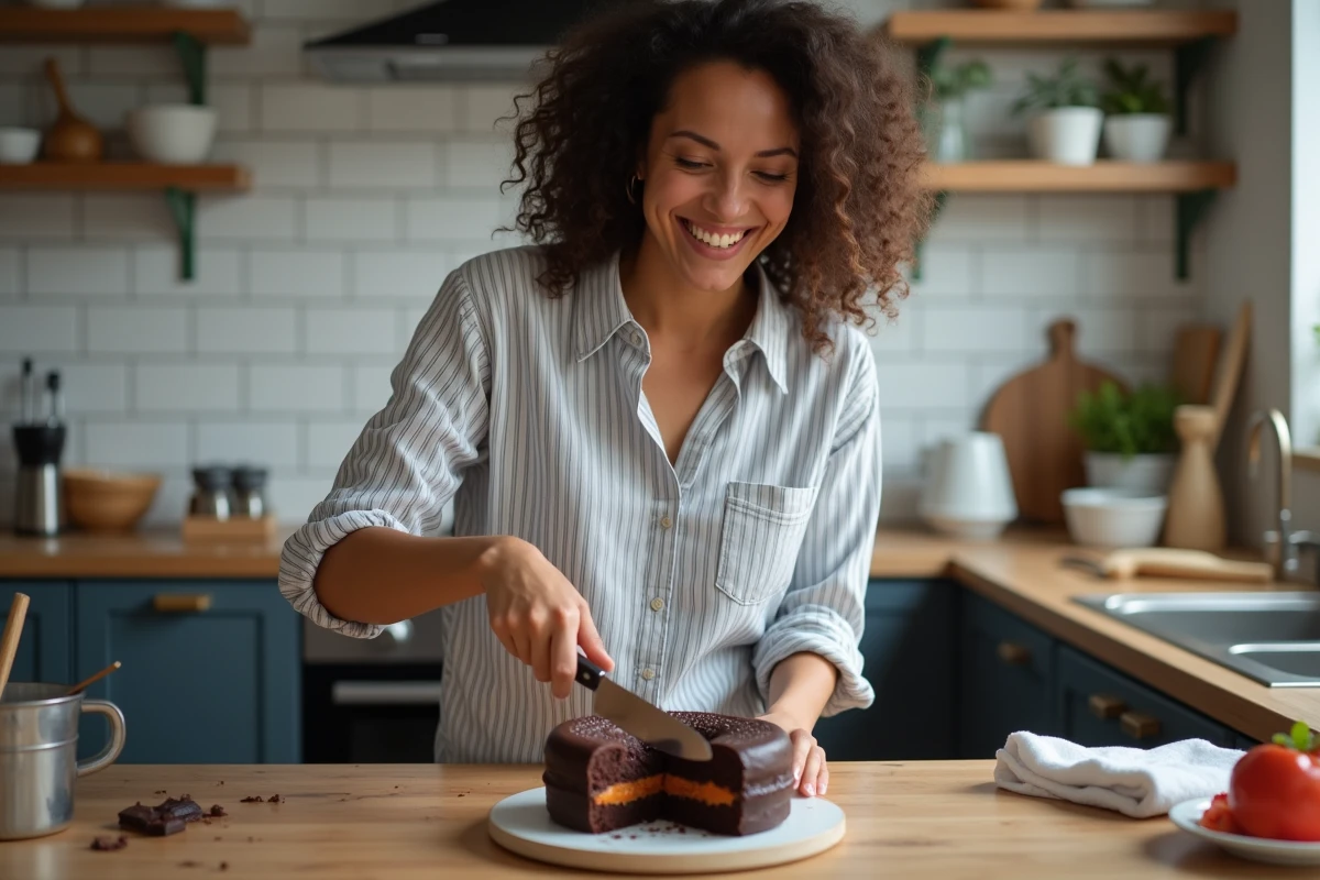 Femme souriante coupant un gâteau au chocolat fondant