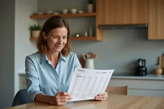 Femme d'âge moyen étudiant un tableau de conversion kilogrammes livres