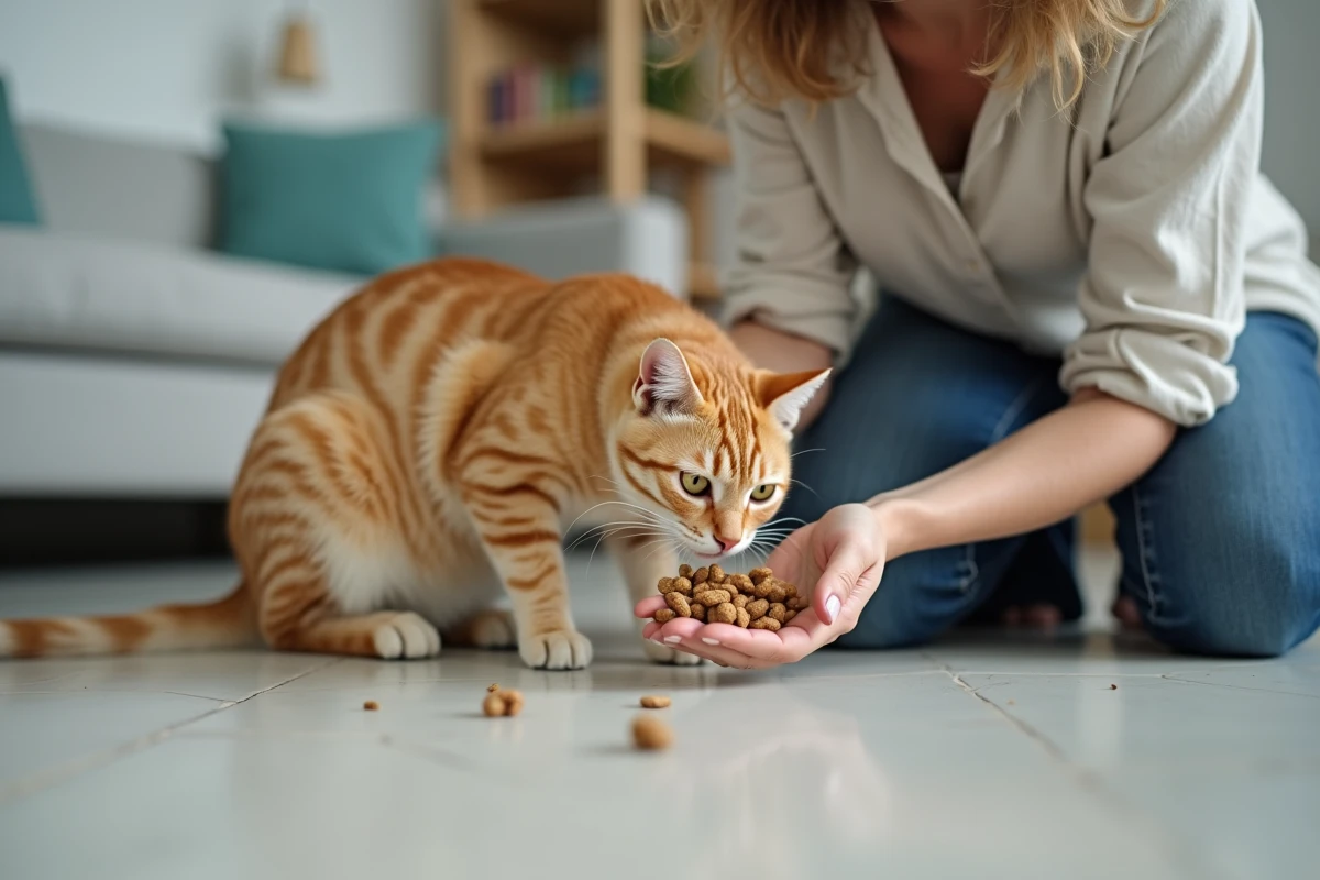 Femme proposant des croquettes aux insectes à un chat tabby doré dans un appartement moderne, scène du quotidien réaliste
