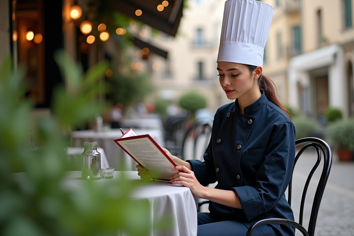 Femme chef contemplant menu en terrasse élégante