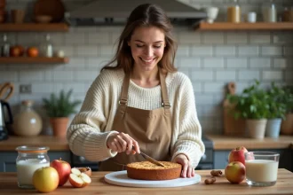 Femme souriante coupant un gâteau aux pommes dans la cuisine