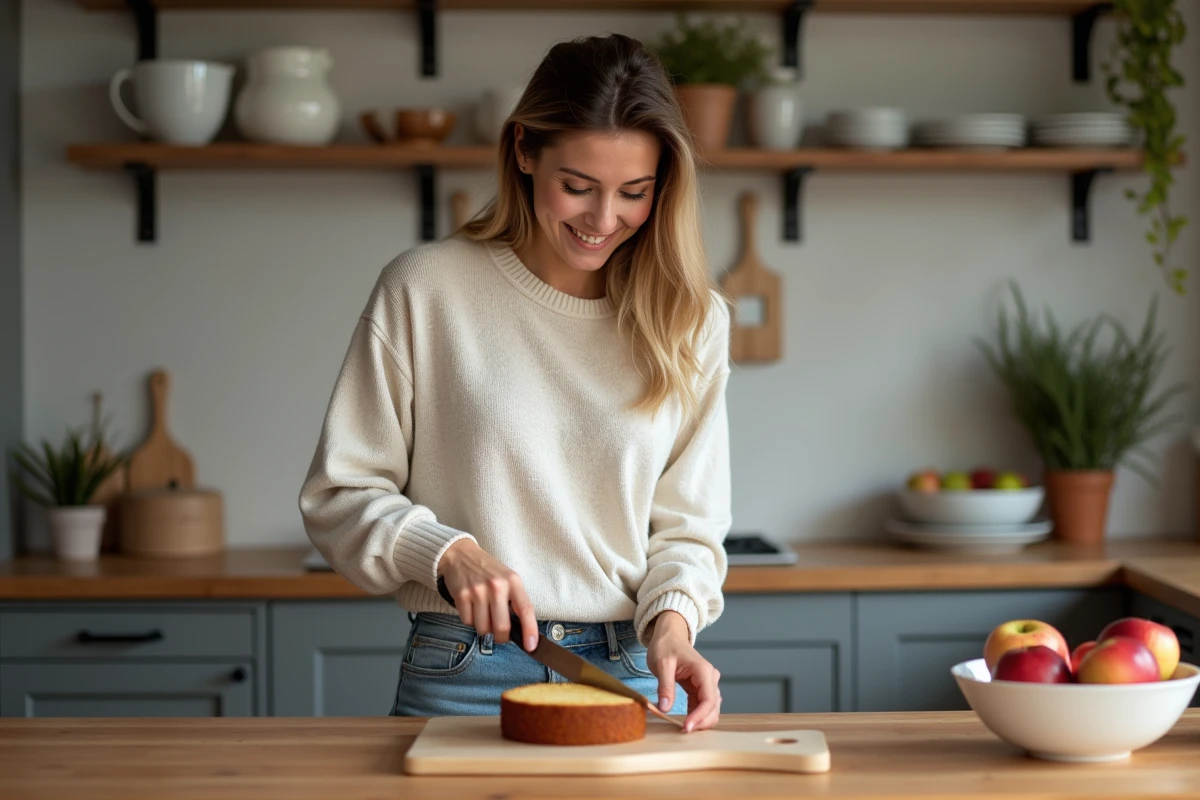 Femme souriante coupant un gâteau au yaourt et pommes
