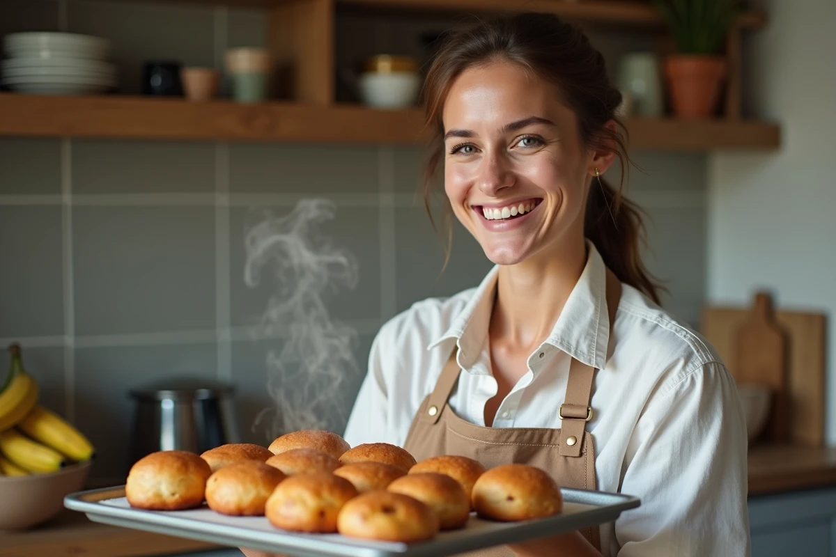 Femme souriante tenant des beignets de banane dans la cuisine