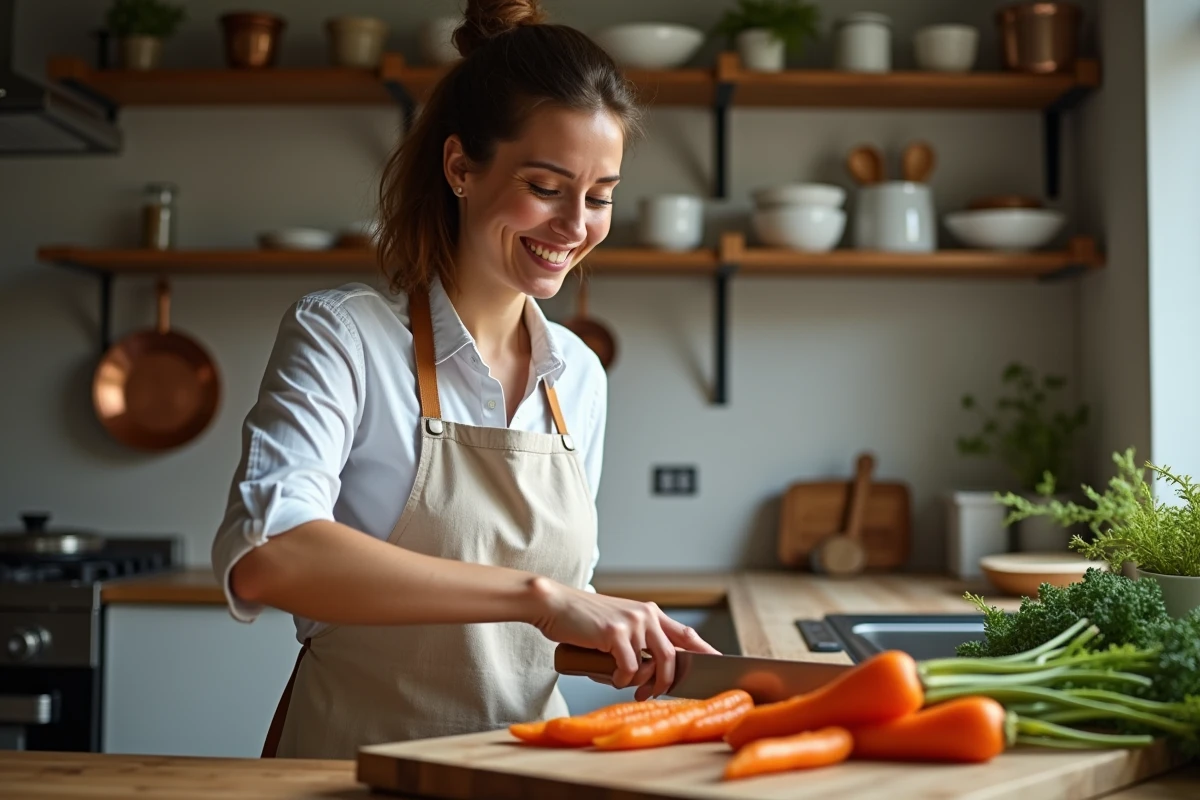 Femme souriante en cuisine coupant des carottes rôties
