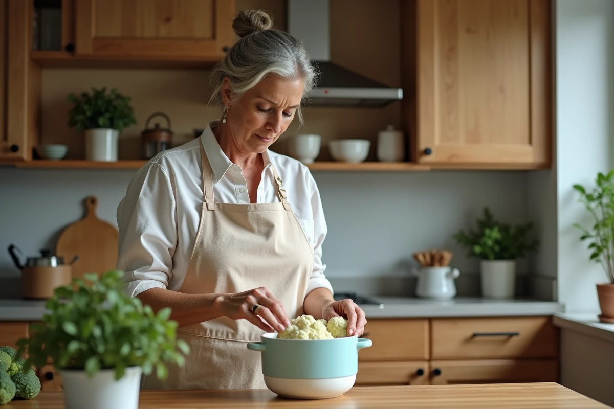 Femme en cuisine douce plaçant du chou-fleur dans un Cookeo