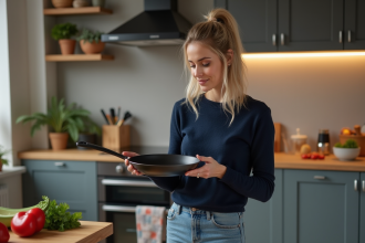Femme examinant un faitout en céramique dans la cuisine