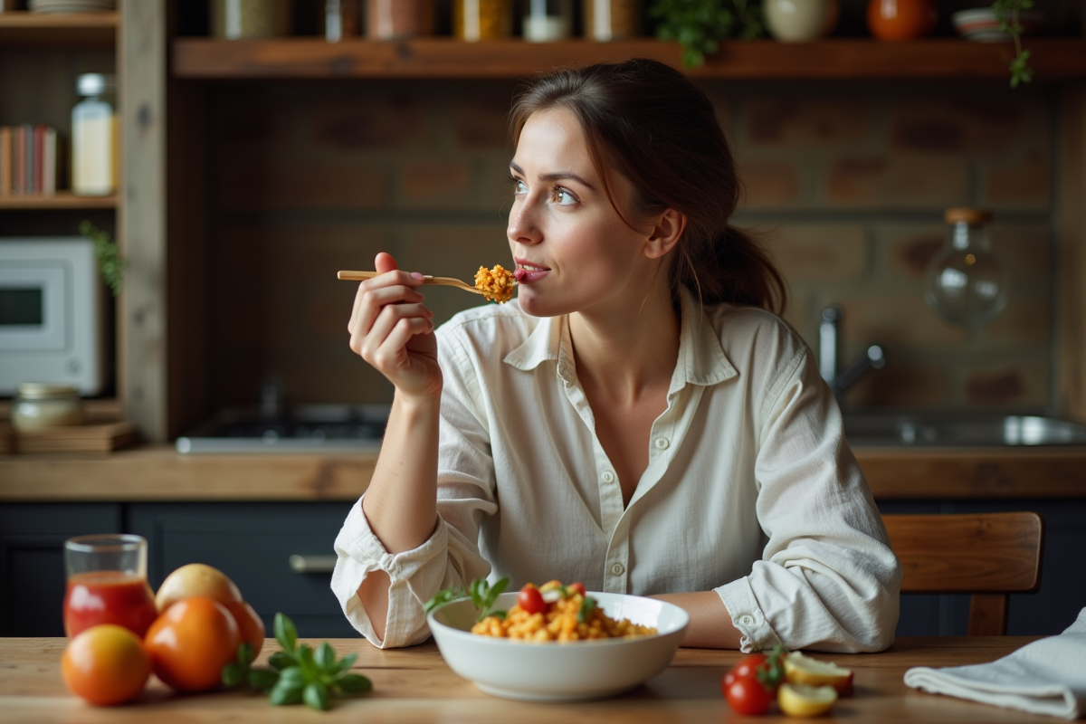 Femme curieuse dégustant un plat inconnu dans une cuisine chaleureuse