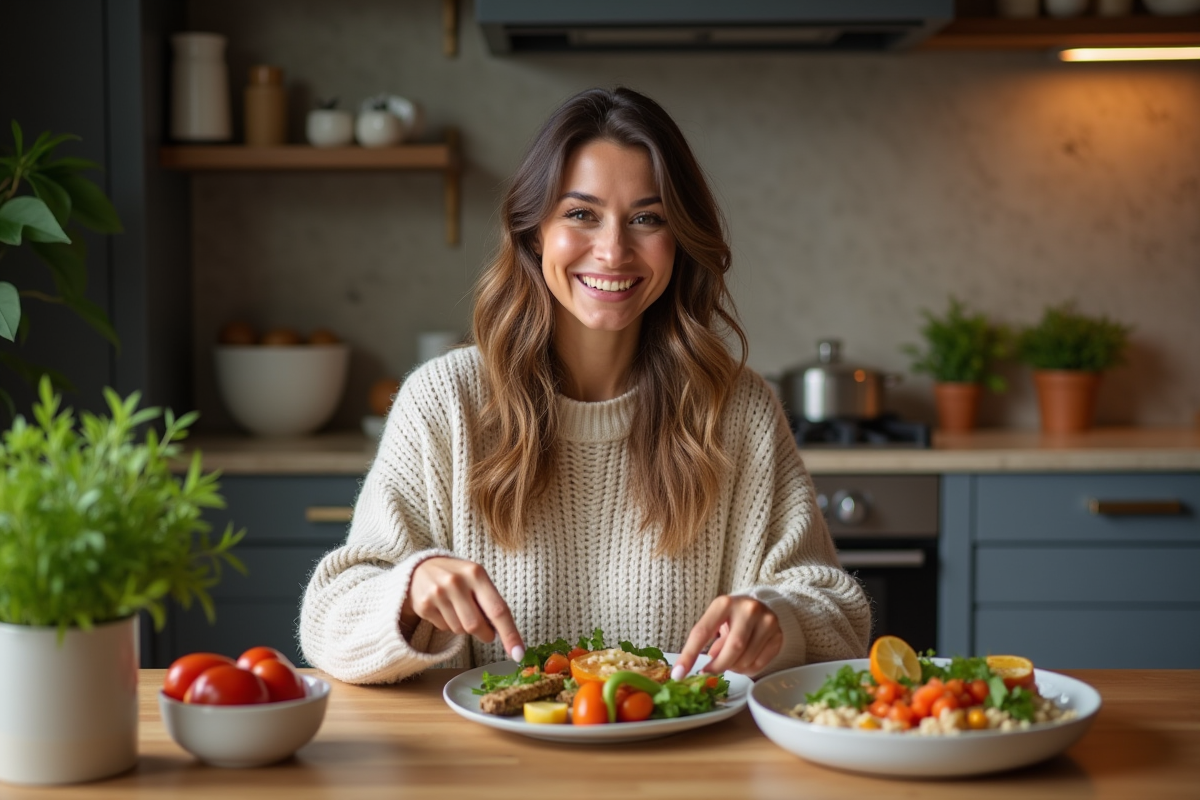 Femme souriante préparant un dîner équilibré à la maison